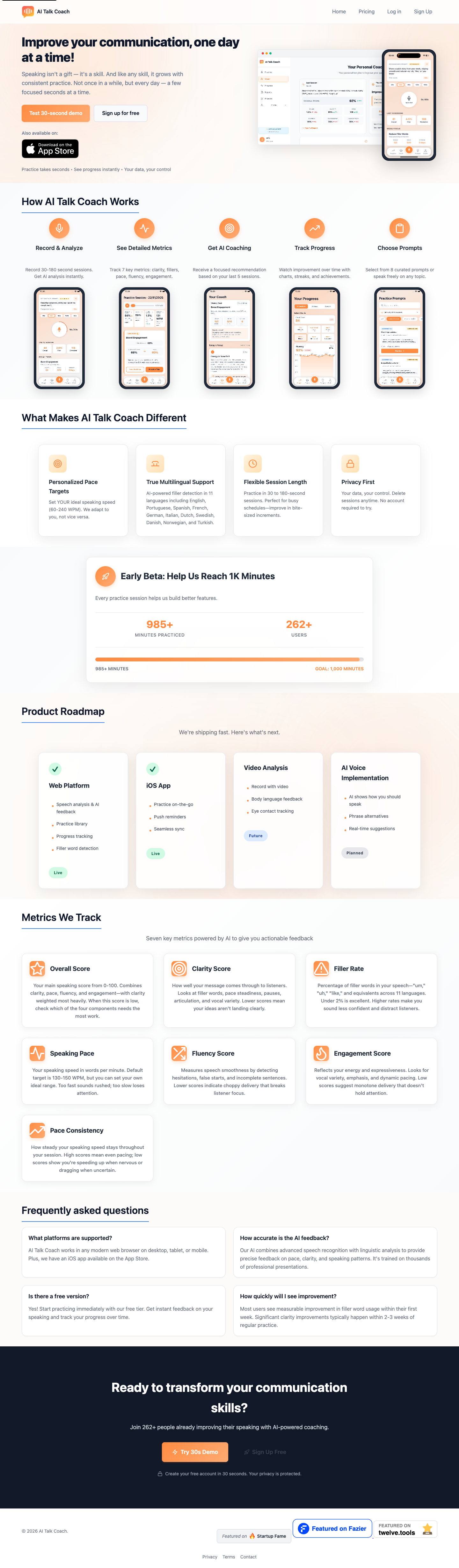 Ai talk Coach full landing page screenshot