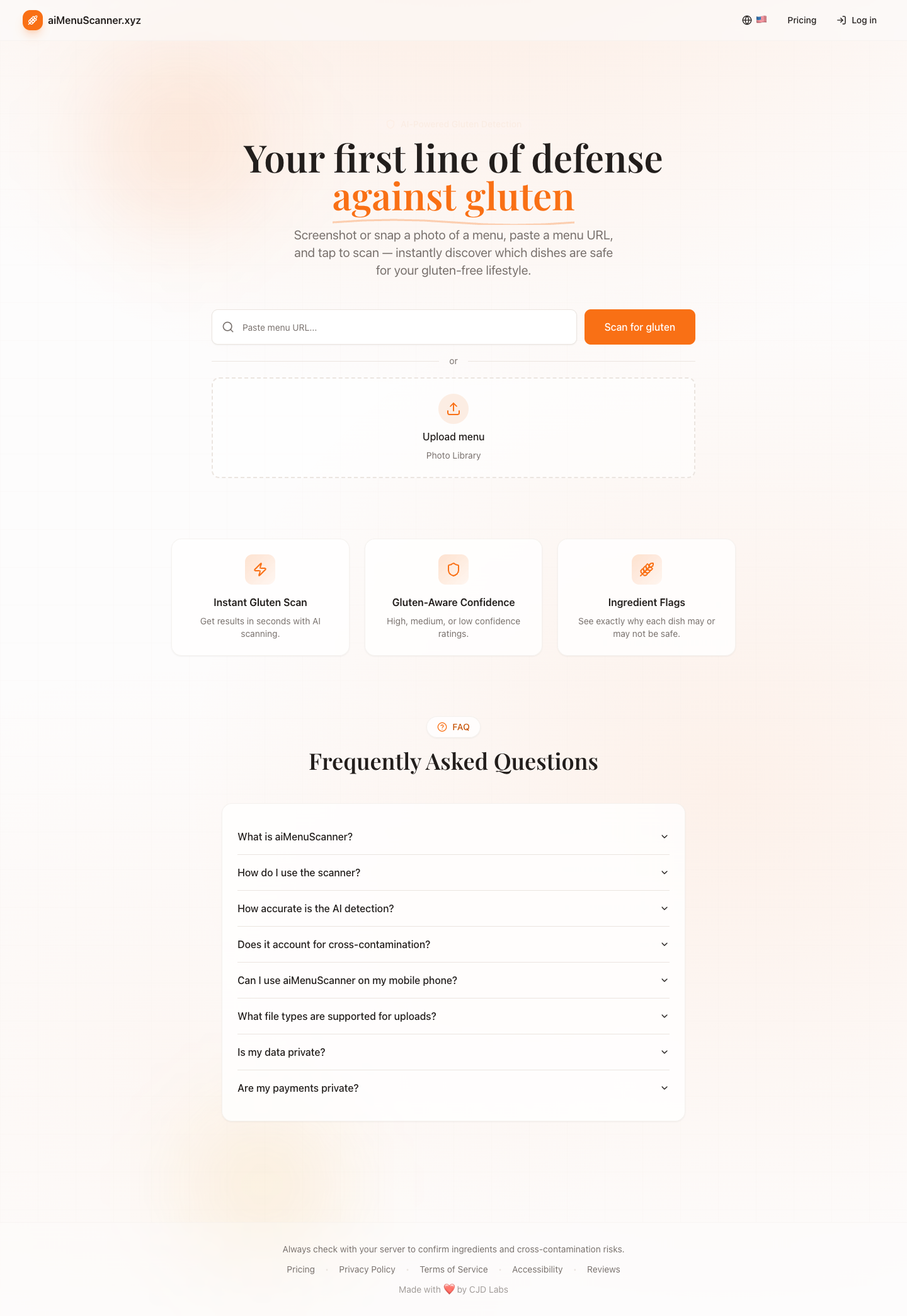 aiMenuScanner full landing page screenshot