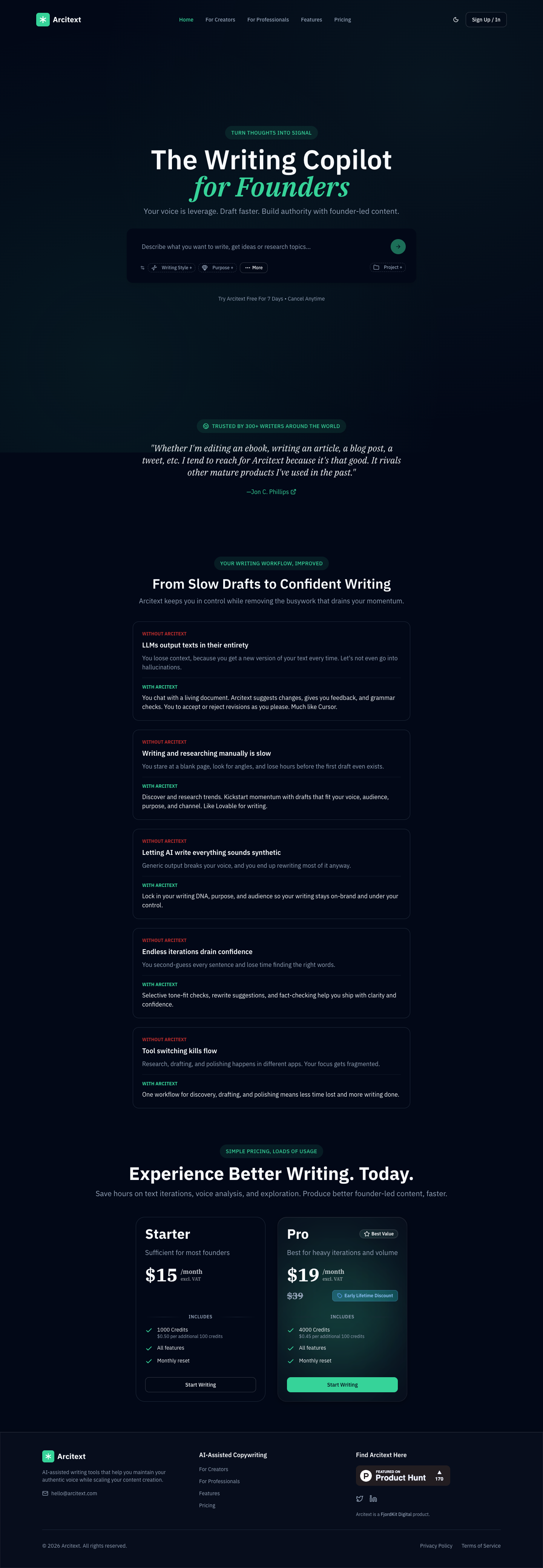 Arcitext full landing page screenshot