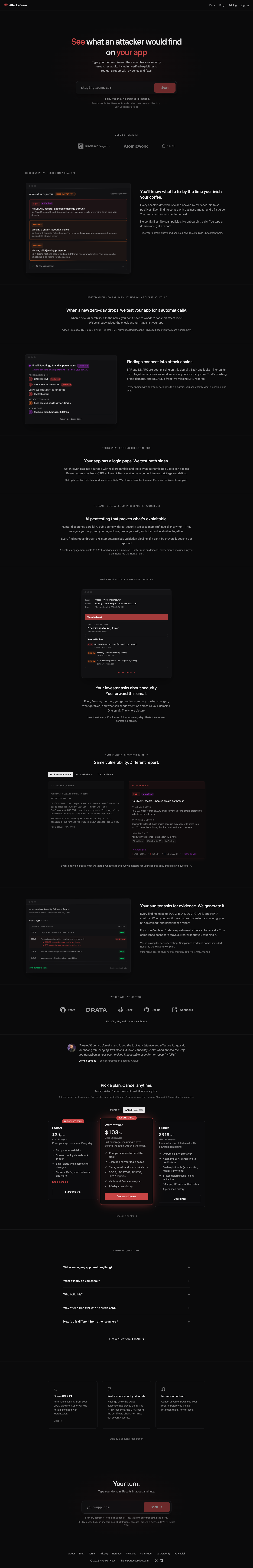 AttackerView full landing page screenshot