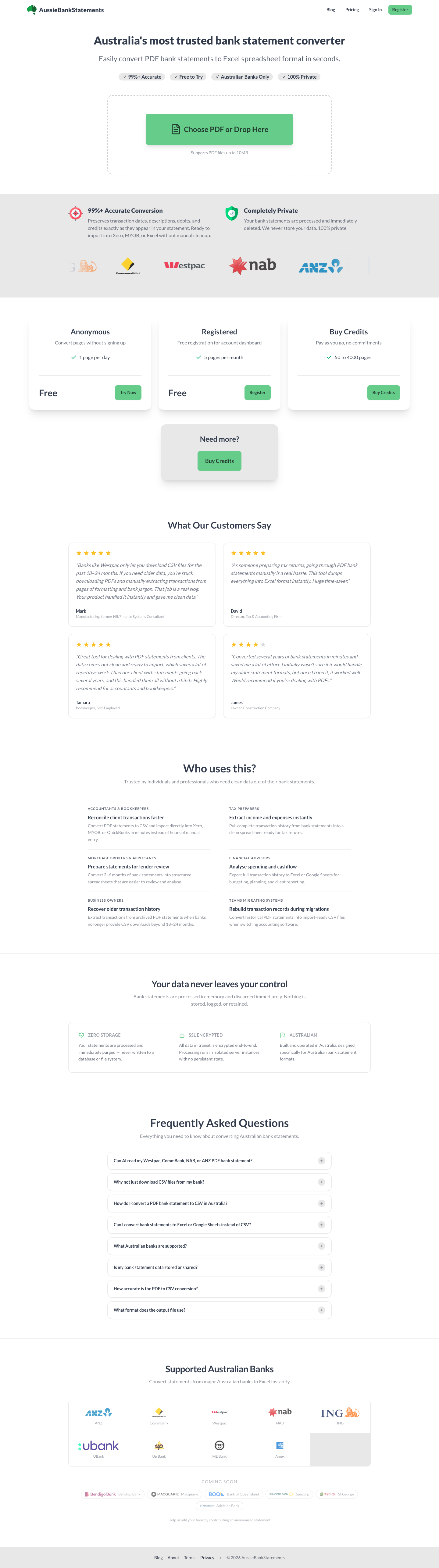 Aussie Bank Statement Converter full landing page screenshot