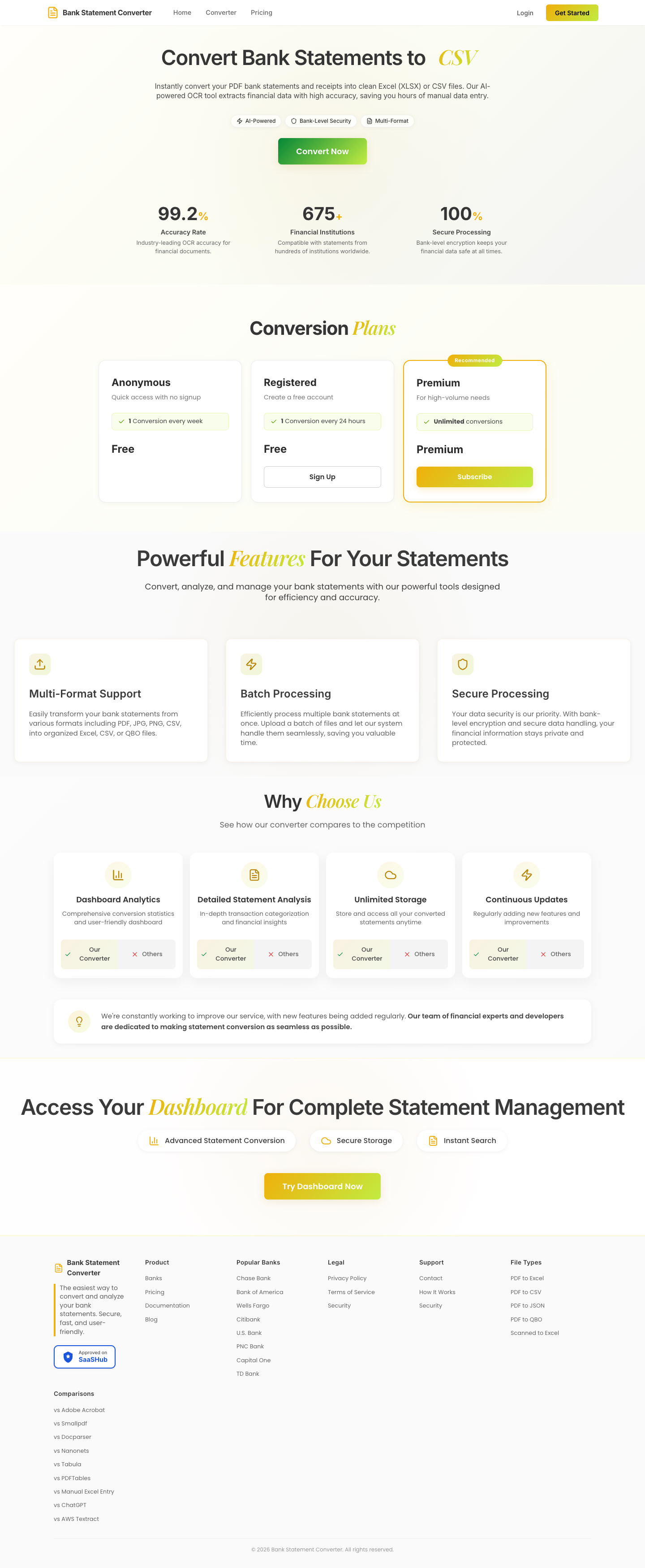 Bank statement Converter Pro full landing page screenshot
