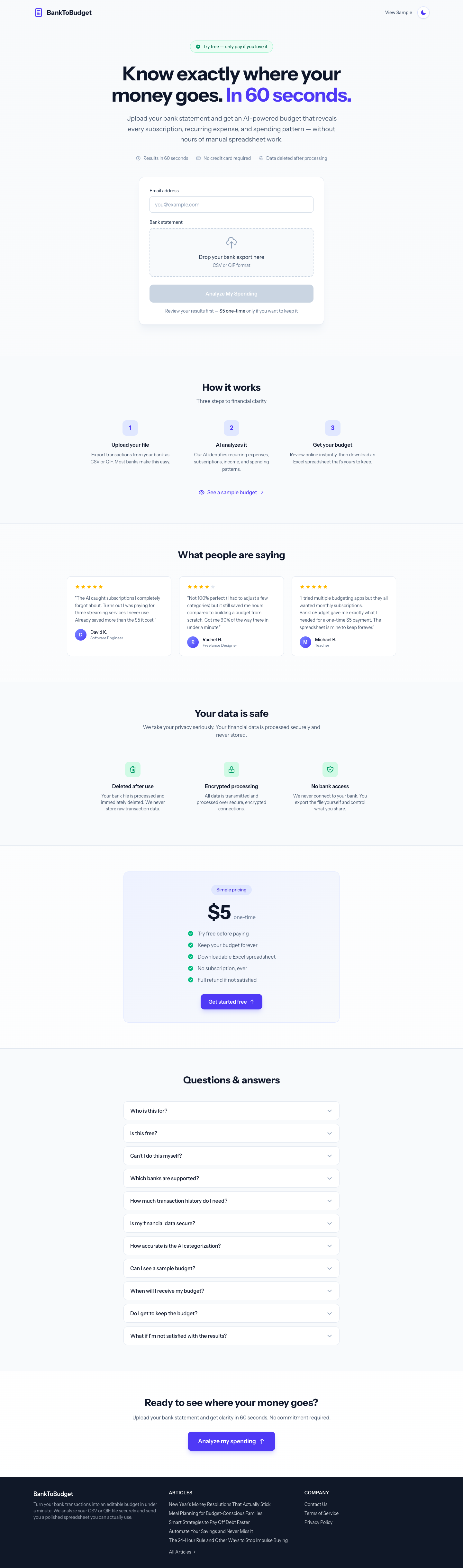 BankToBudget full landing page screenshot