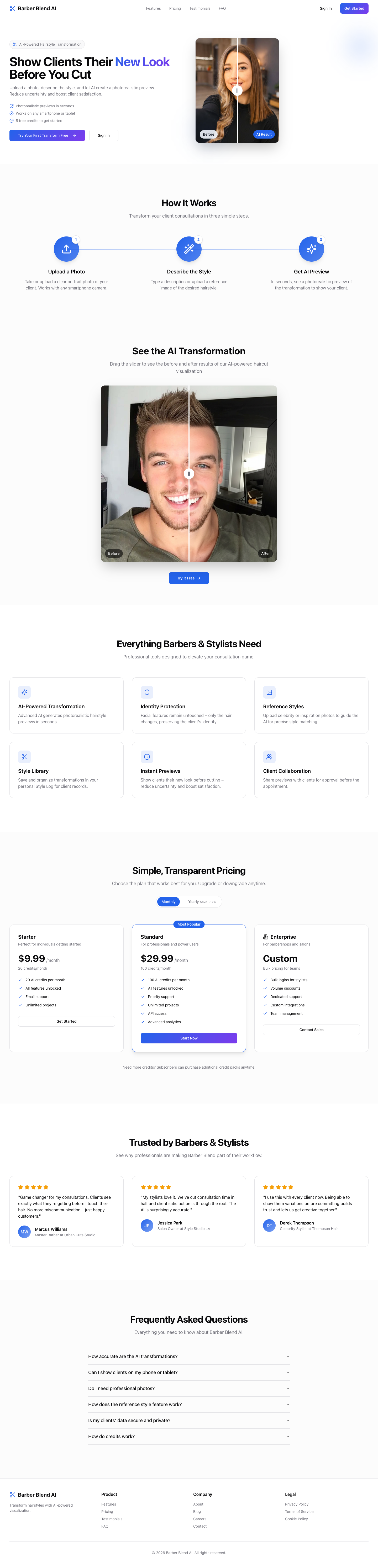 Barber Blend Ai full landing page screenshot
