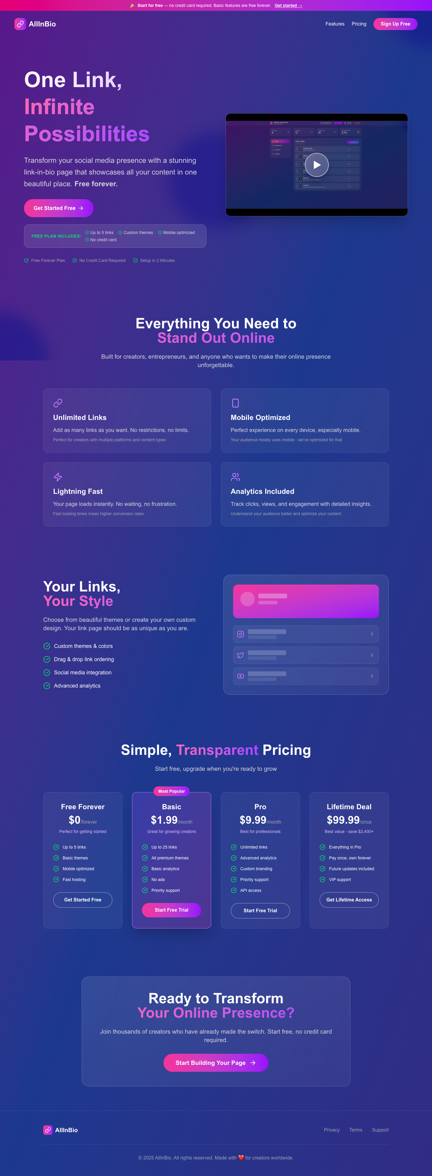 Bio links full landing page screenshot