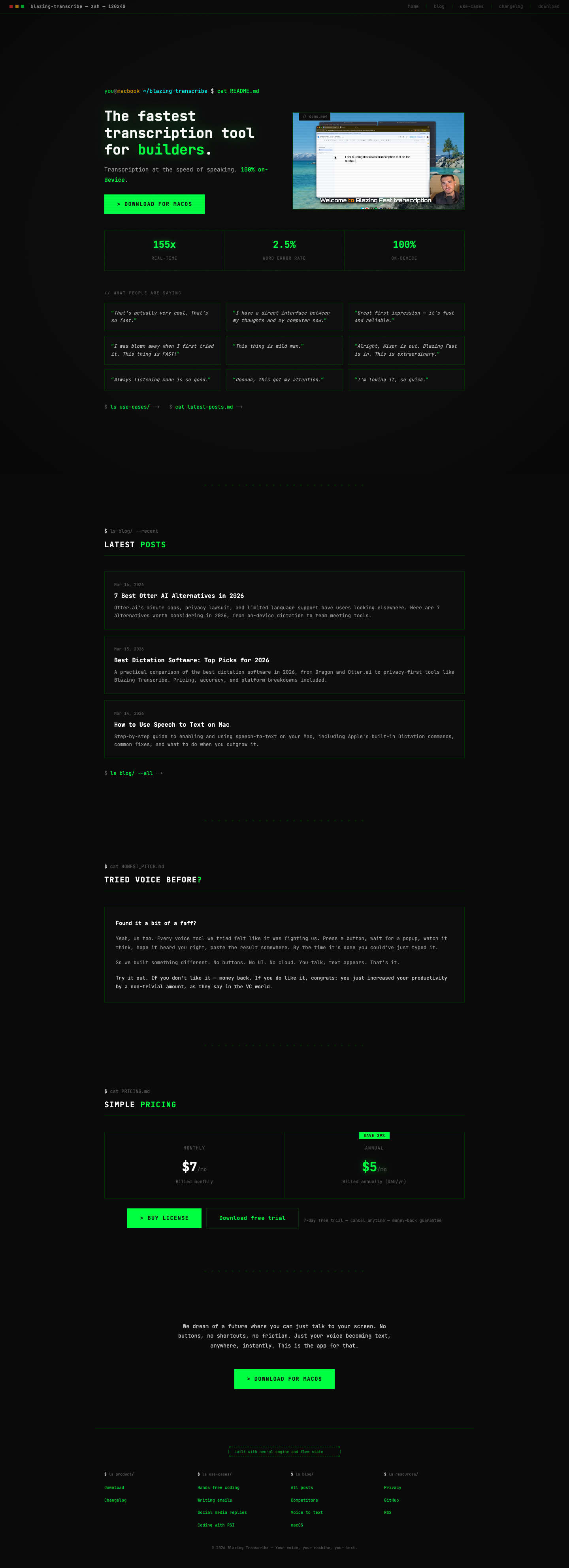 BlazingFastTranscription.com full landing page screenshot