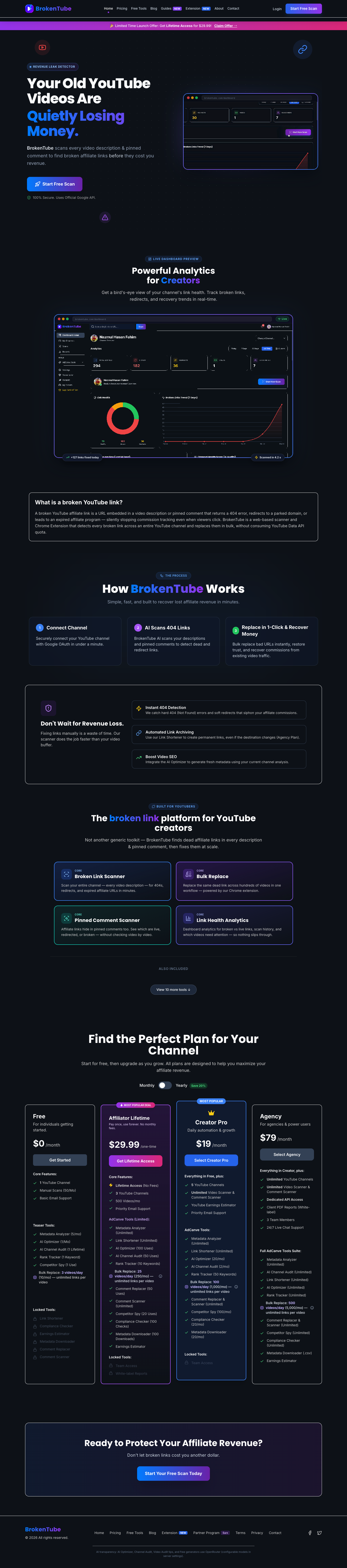 BrokenTube AI full landing page screenshot