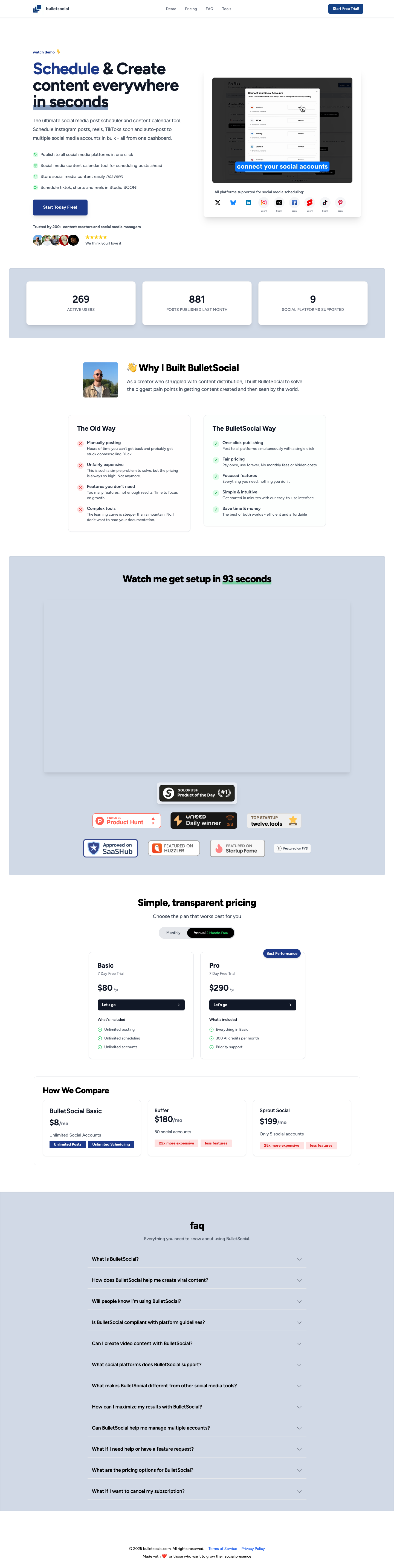 BulletSocial full landing page screenshot