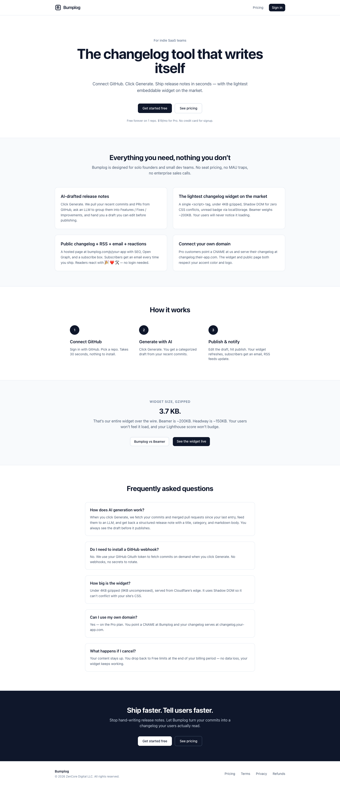 Bumplog full landing page screenshot