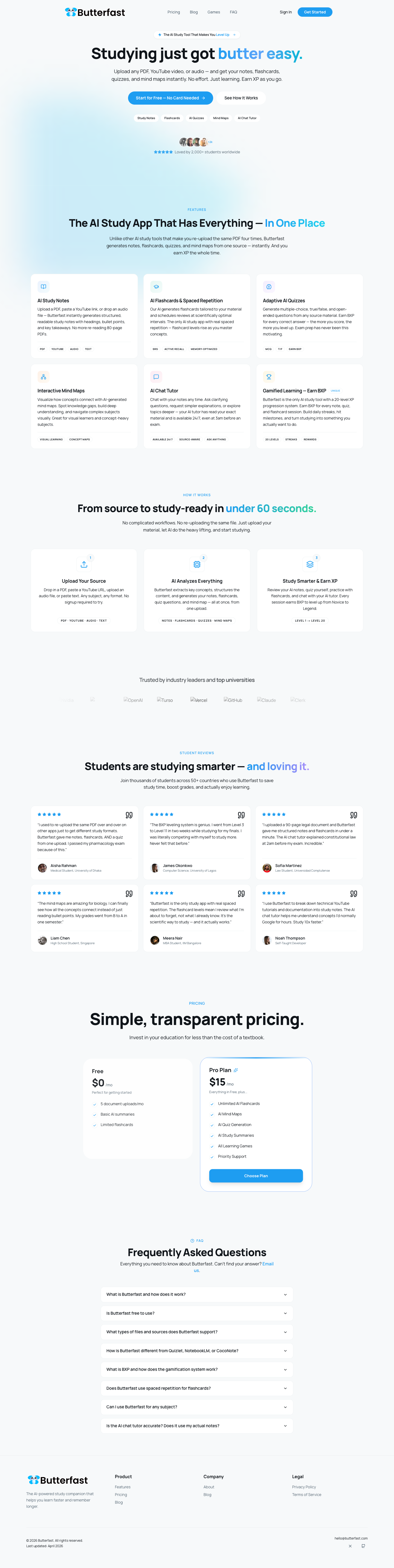Butterfast — AI Study Companion full landing page screenshot
