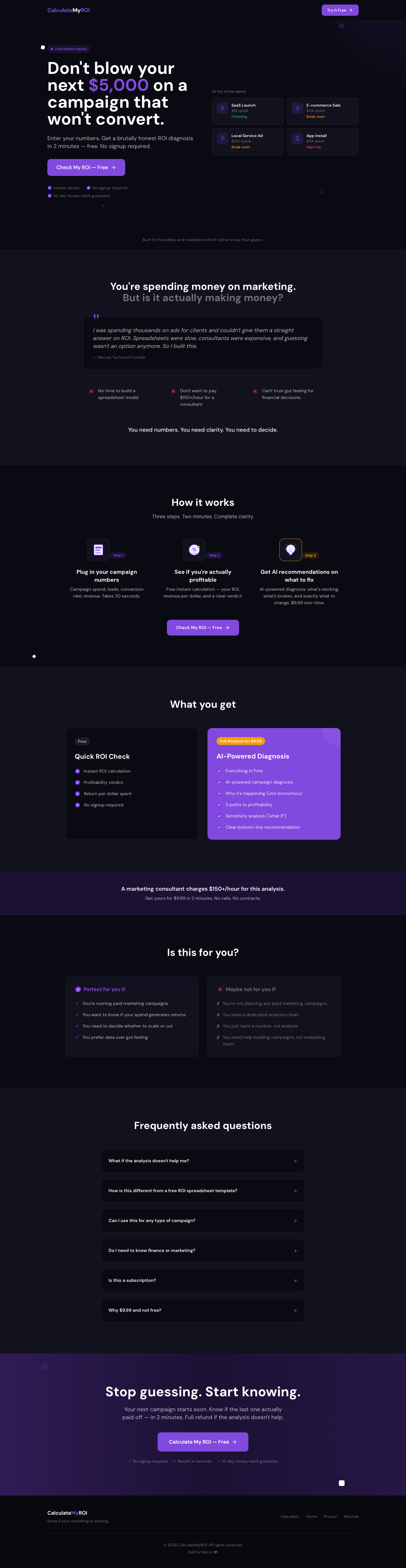 CalculateMyROI full landing page screenshot