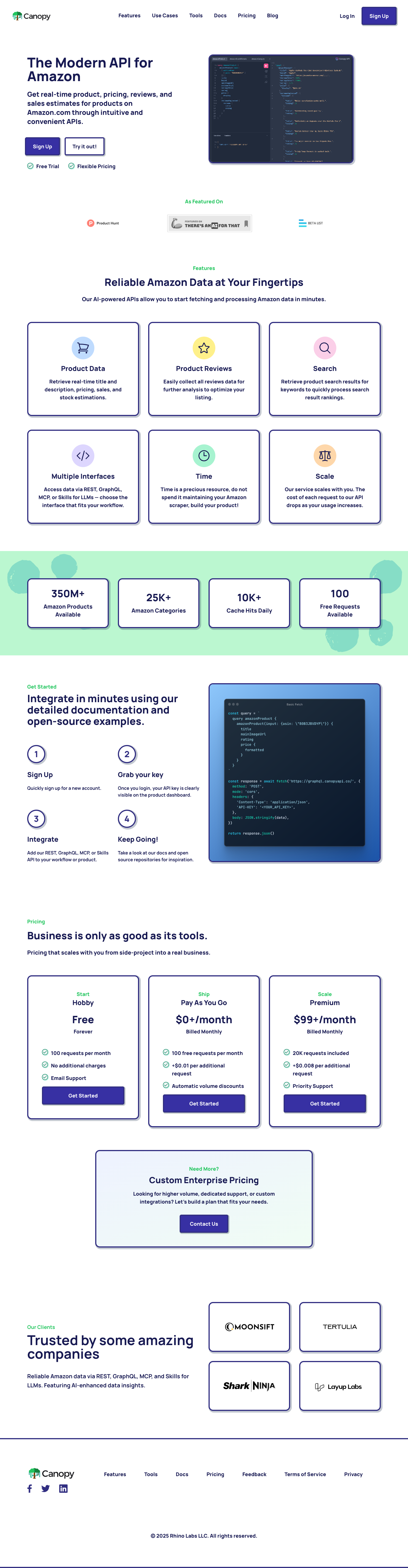 Canopy API full landing page screenshot