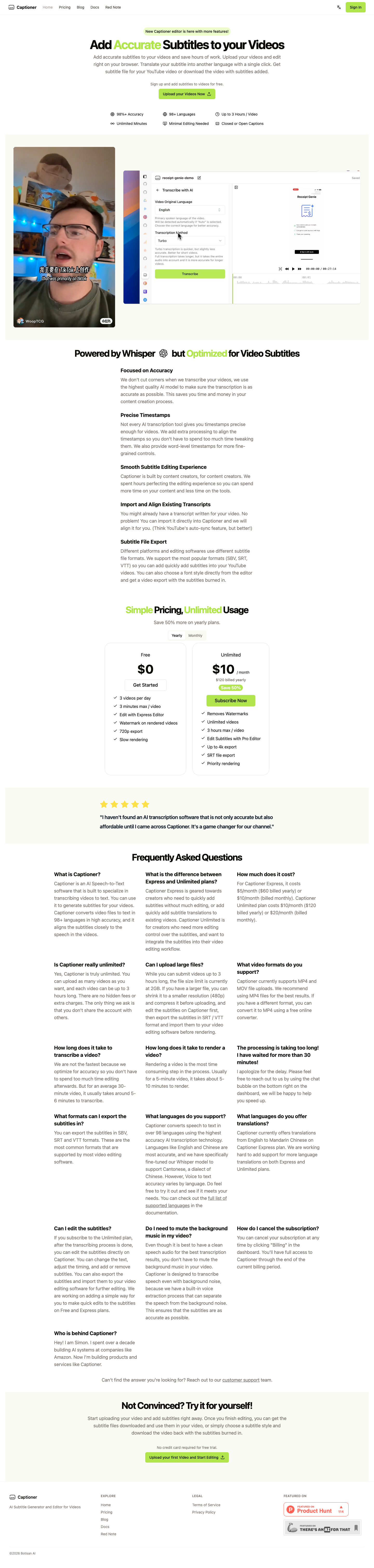 Captioner full landing page screenshot