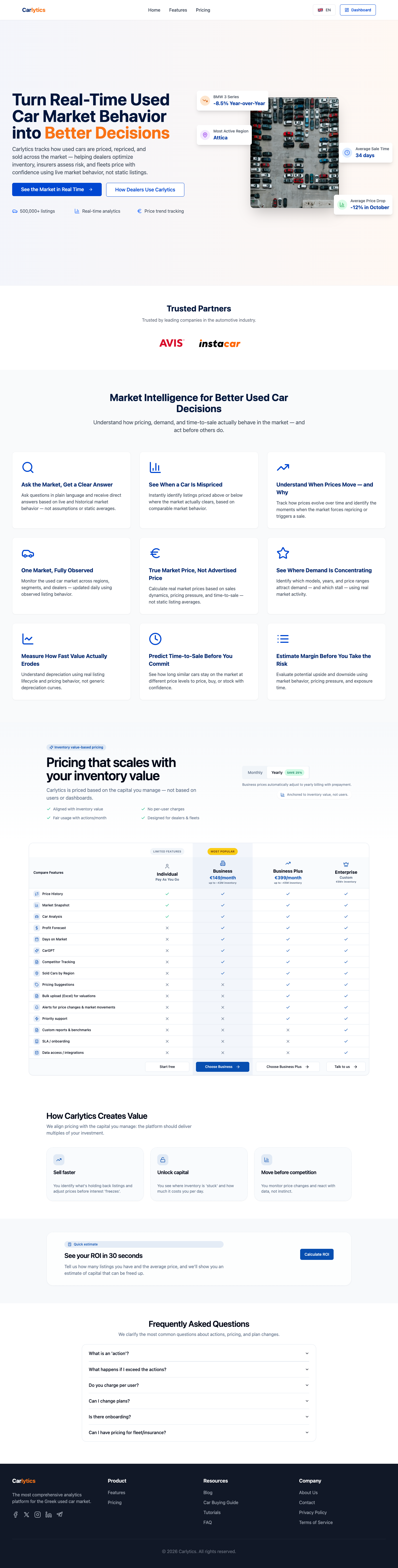 Carlytics full landing page screenshot