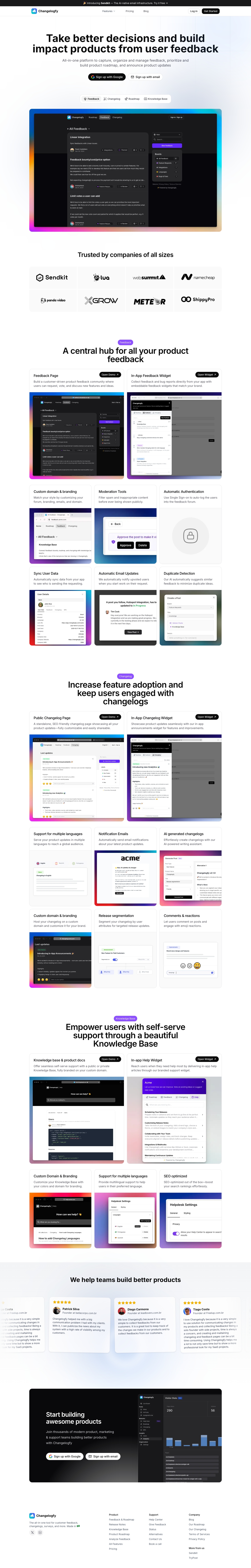 Changelogfy full landing page screenshot