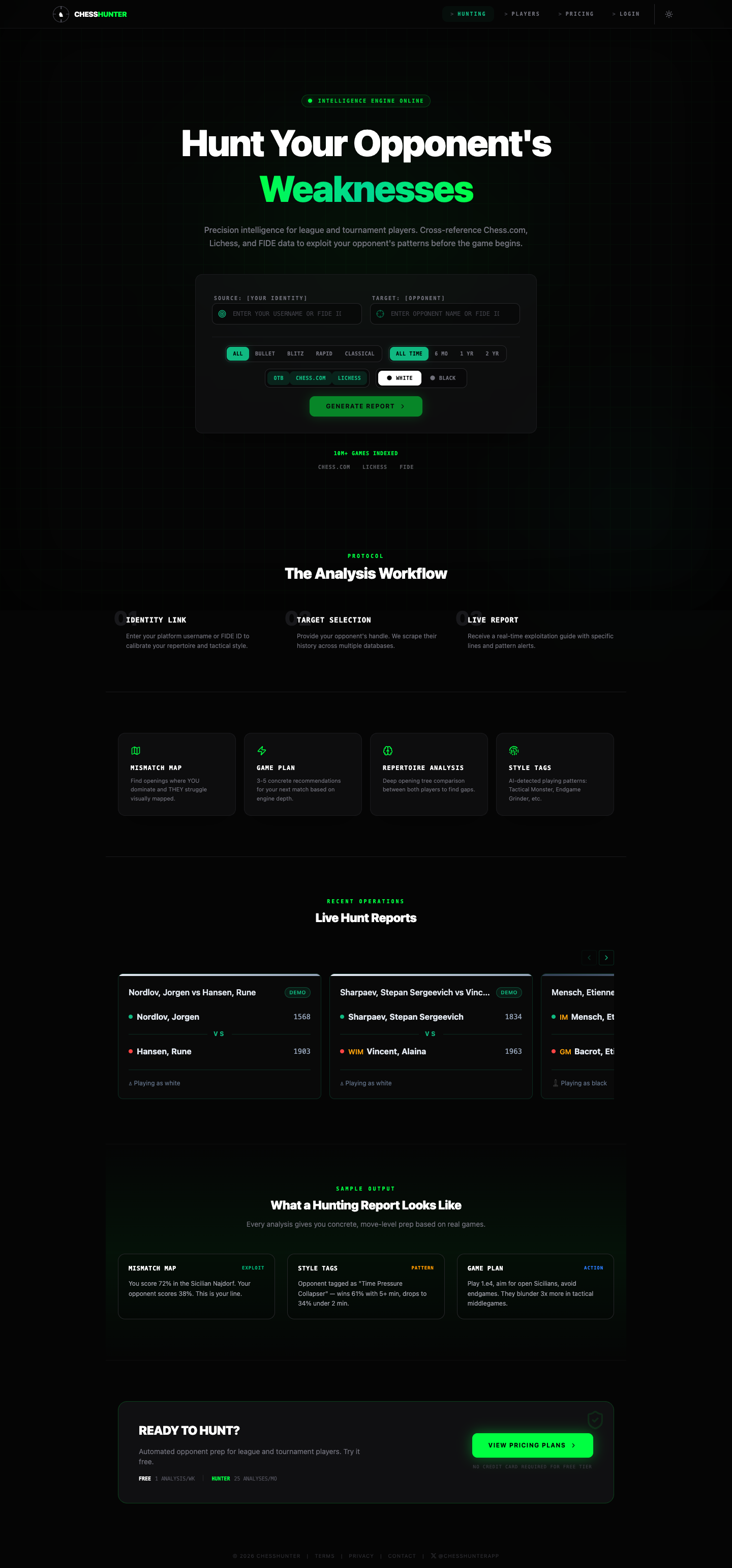 Chesshunter full landing page screenshot