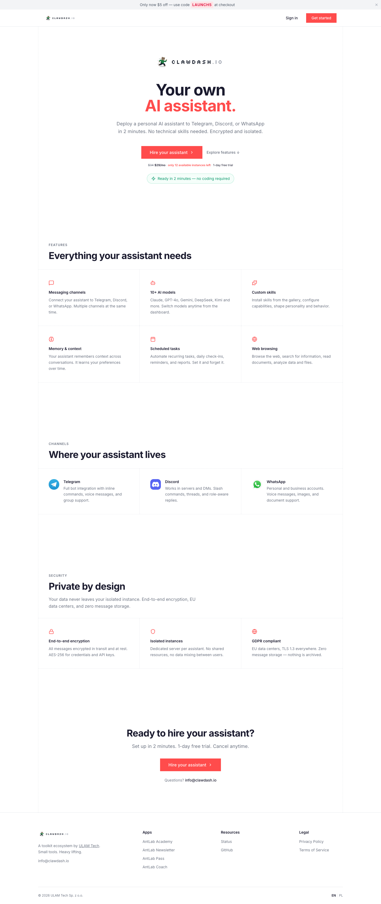 ClawDash.io full landing page screenshot