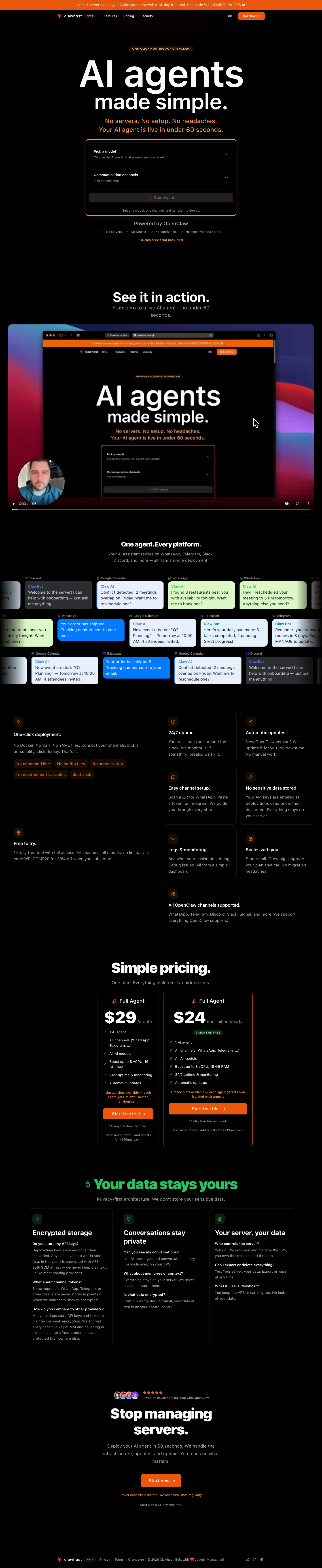 ClawHost.com full landing page screenshot