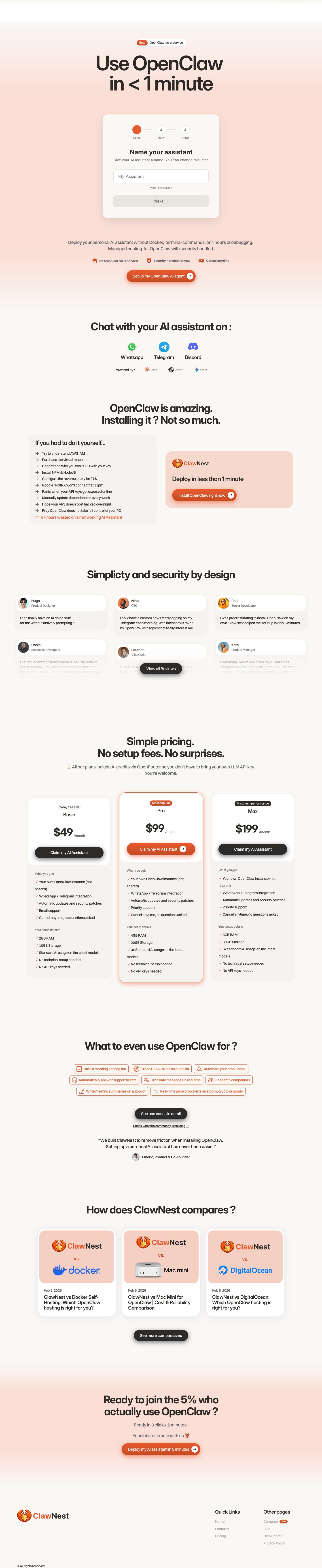 Clawnest | Safely hosted OpenClaw set up in 1 minute | OpenClaw-as-a-service full landing page screenshot