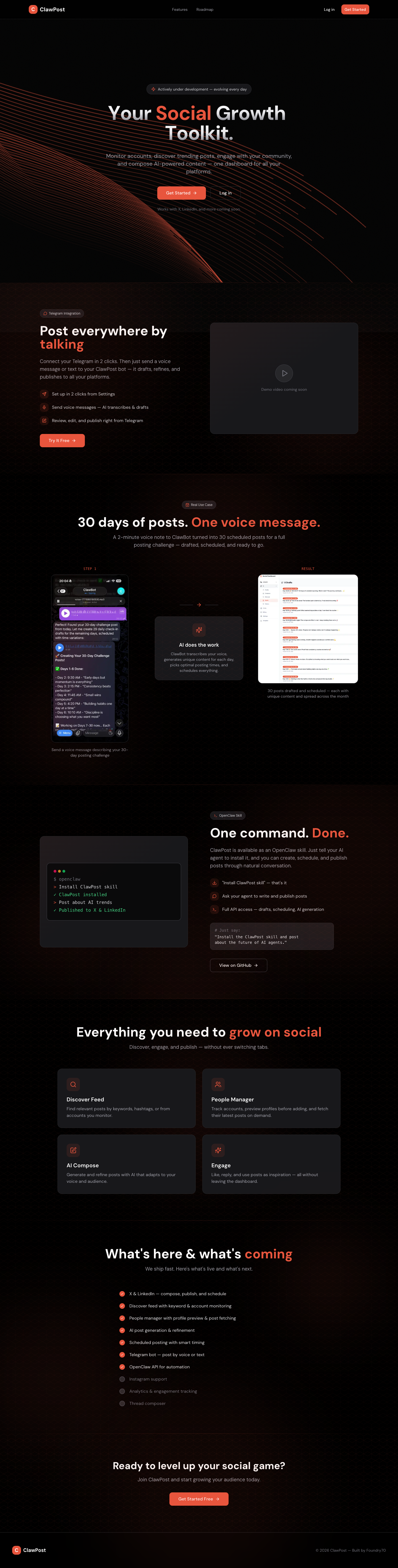 Clawpost full landing page screenshot