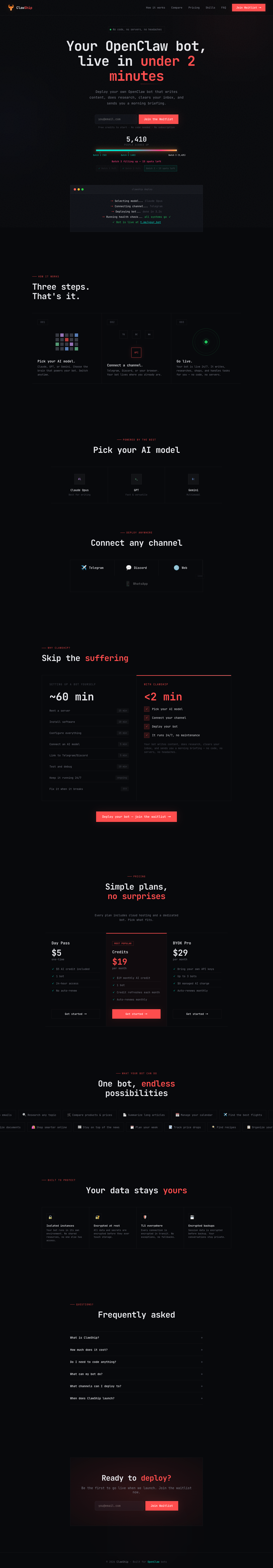 ClawShip.dev full landing page screenshot