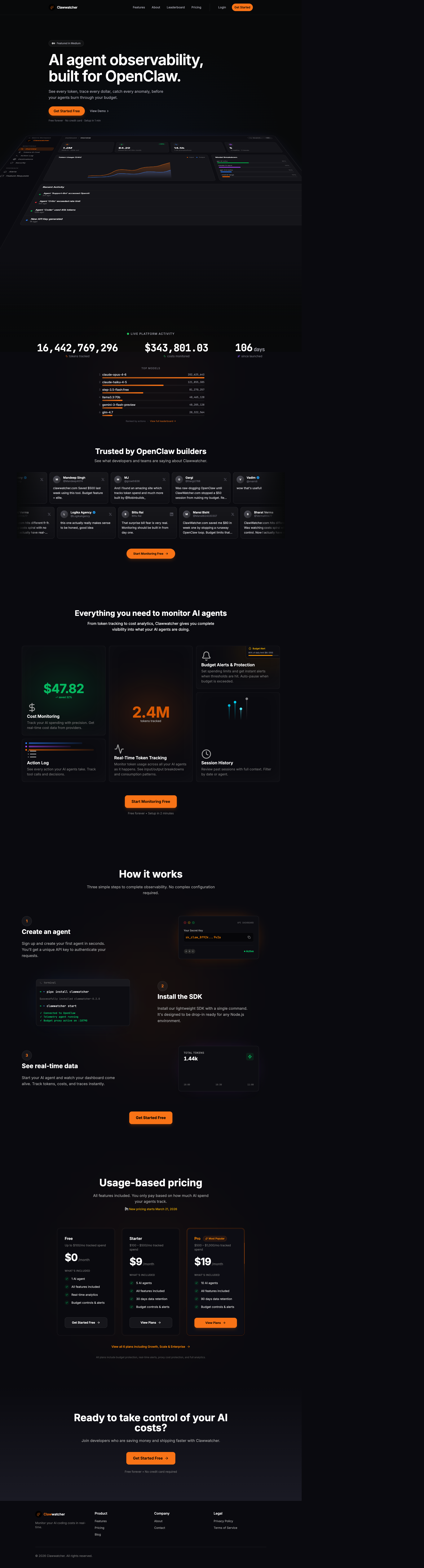 Clawwatcher full landing page screenshot