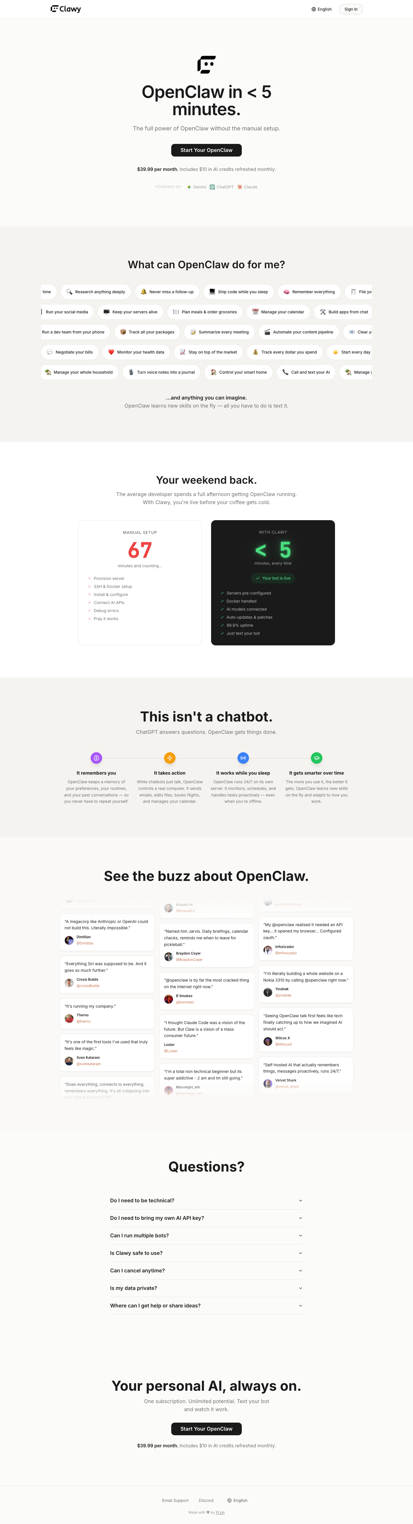 Clawy full landing page screenshot