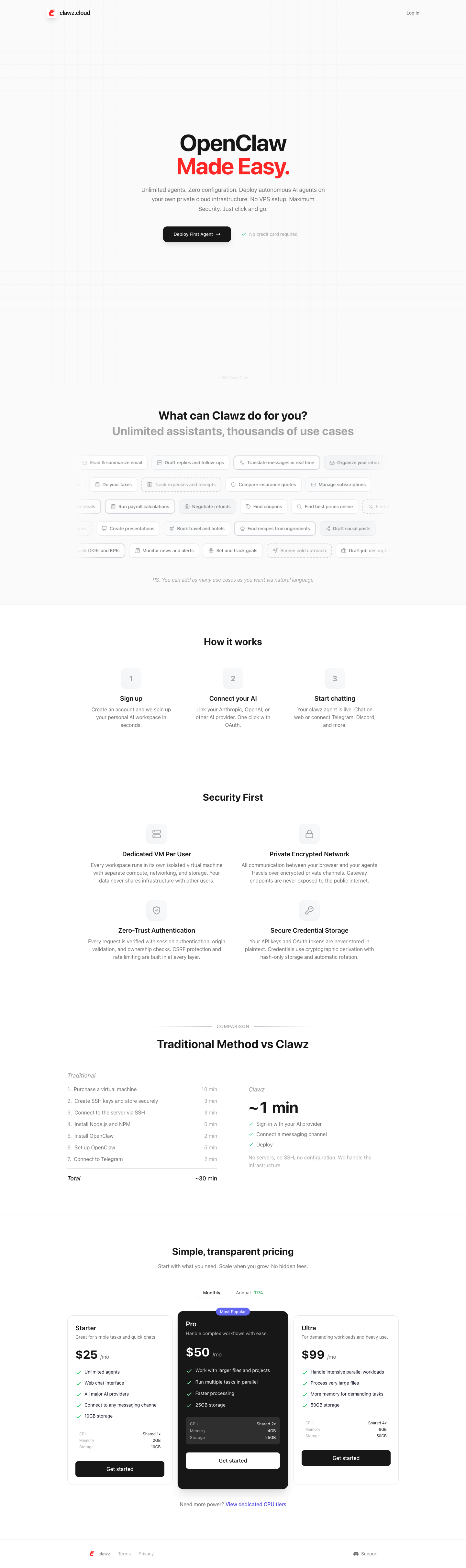 Clawz.cloud full landing page screenshot
