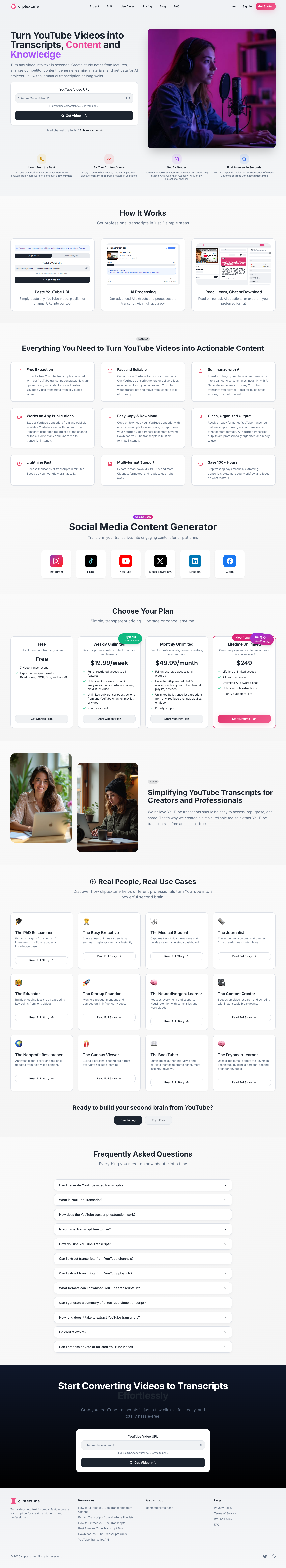 Cliptext.me - Turn video and audio into clean, ready-to-use text in seconds full landing page screenshot
