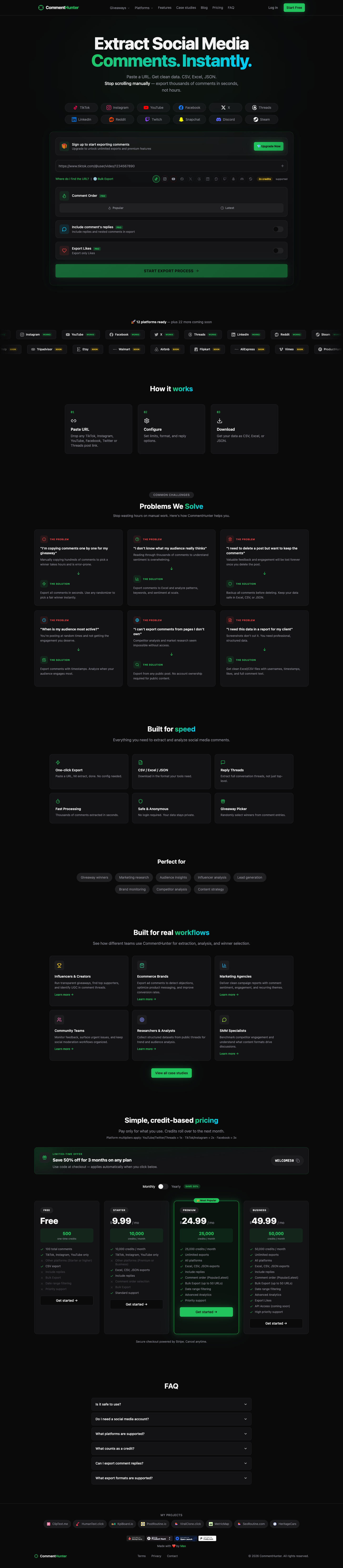 CommentHunter.click - Extract Social Media Comments full landing page screenshot