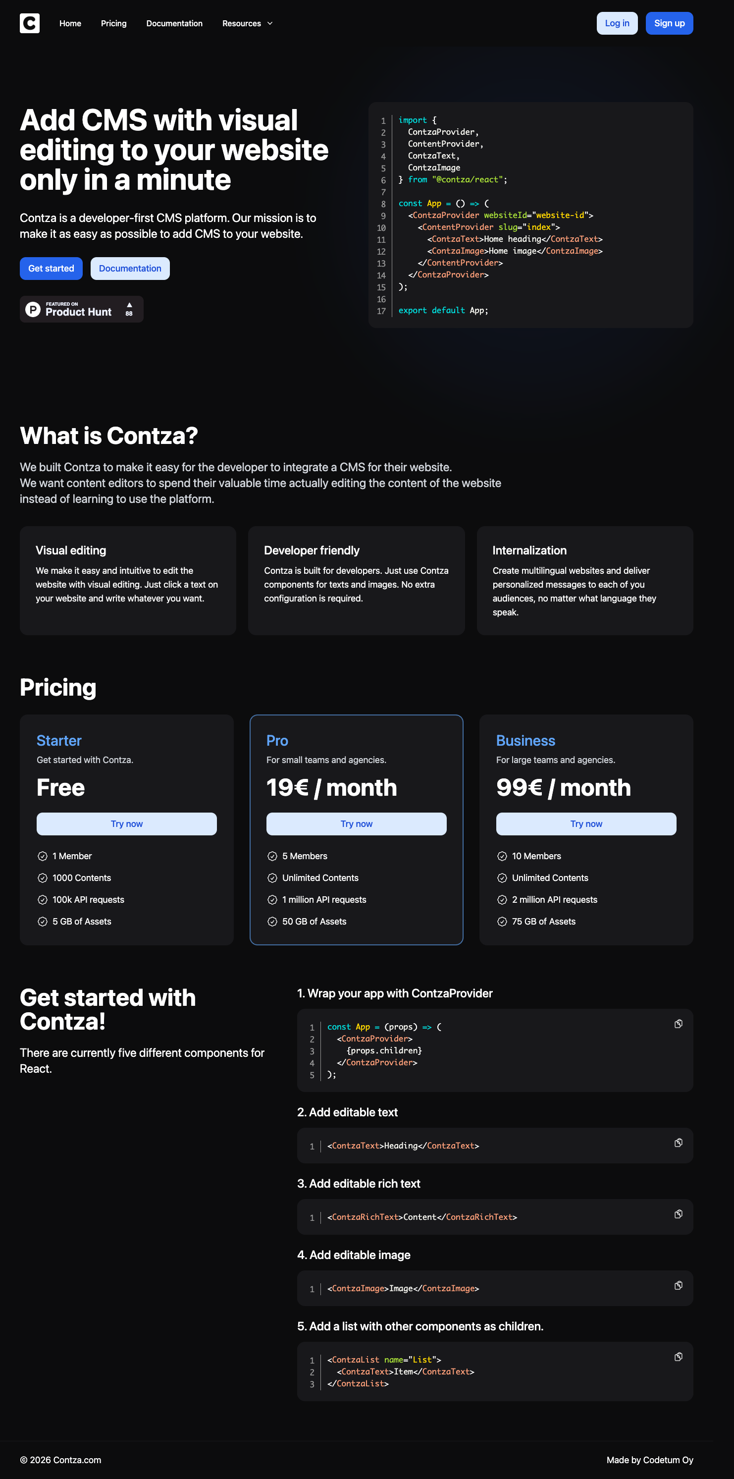 Contza full landing page screenshot