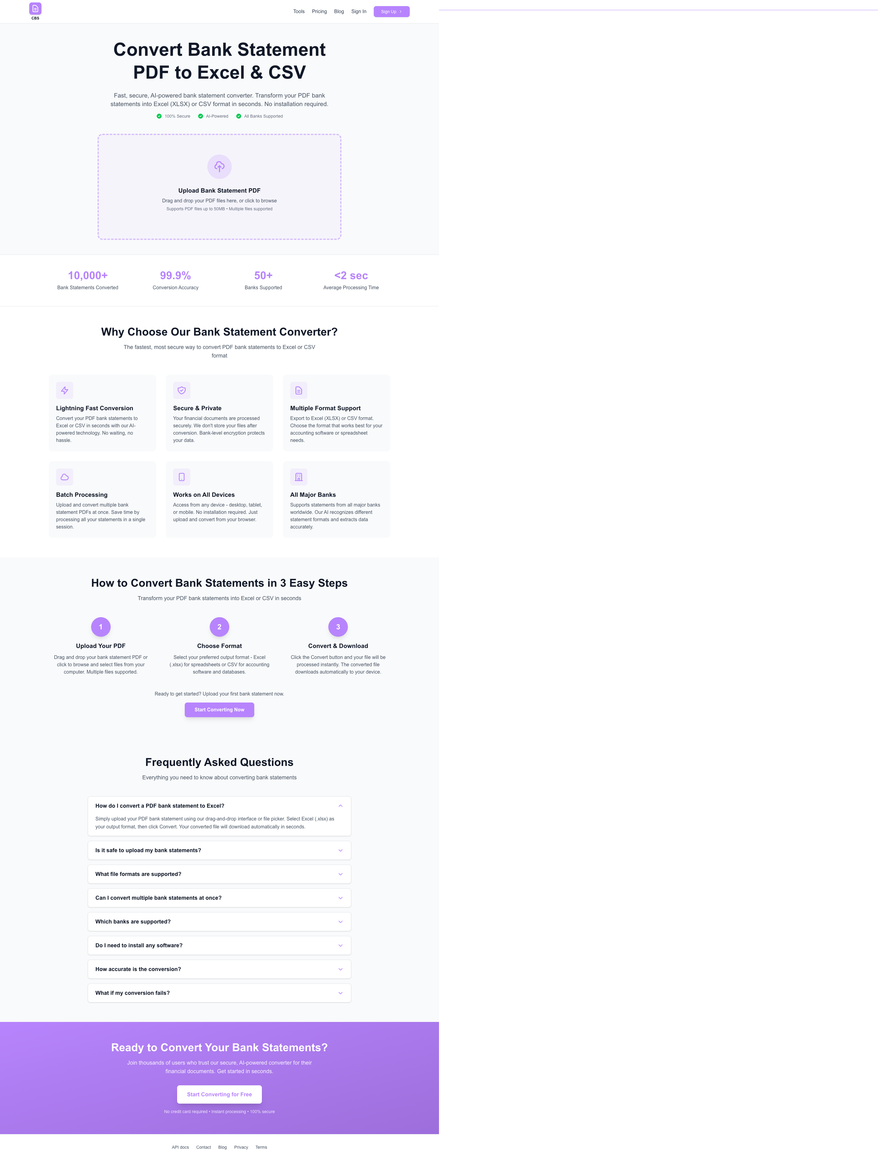 Convert Bank Statement full landing page screenshot