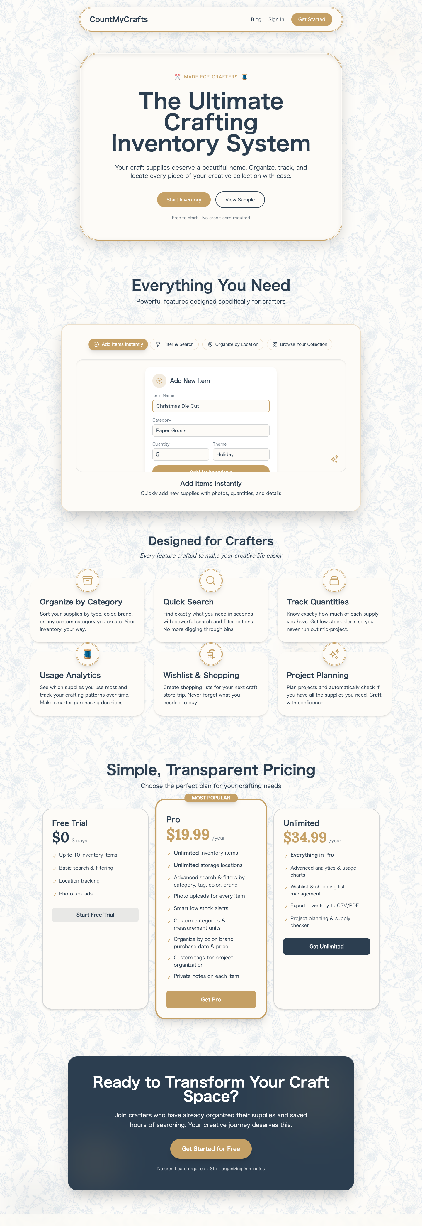 Count My Crafts full landing page screenshot