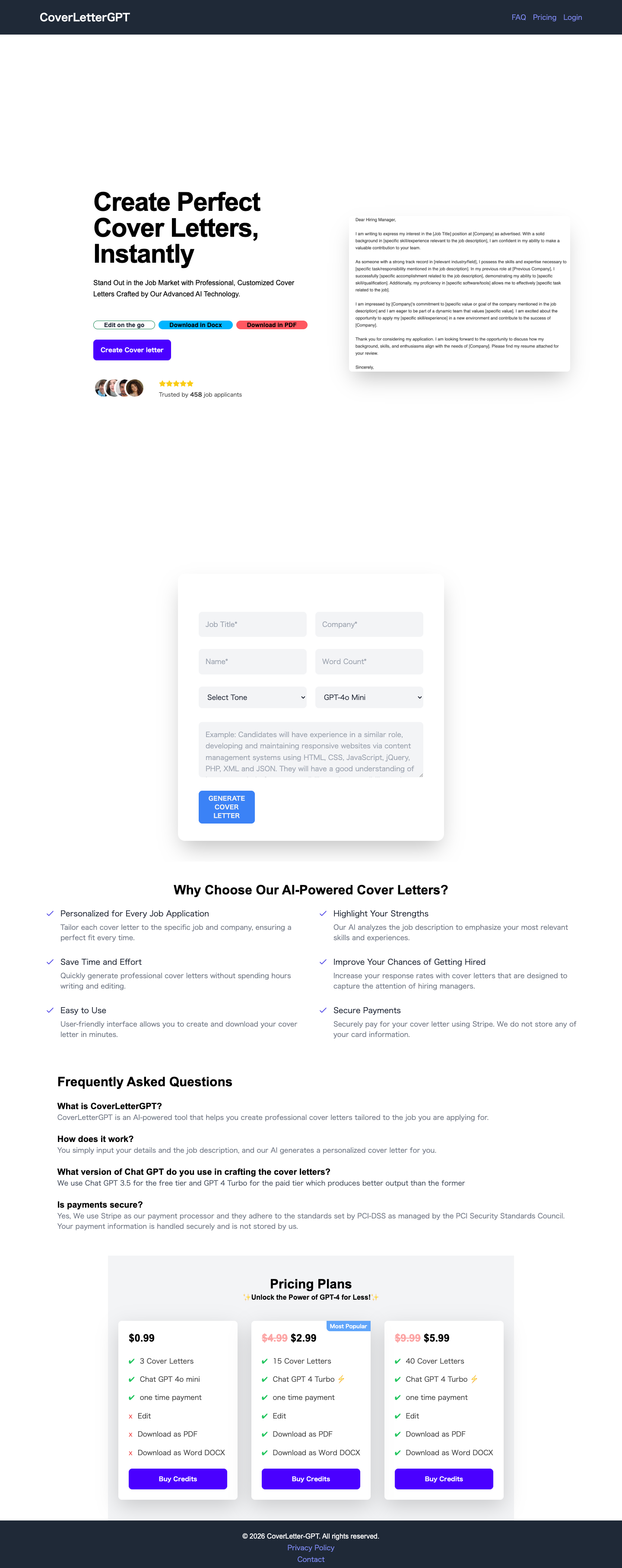 Coverletter-gpt full landing page screenshot
