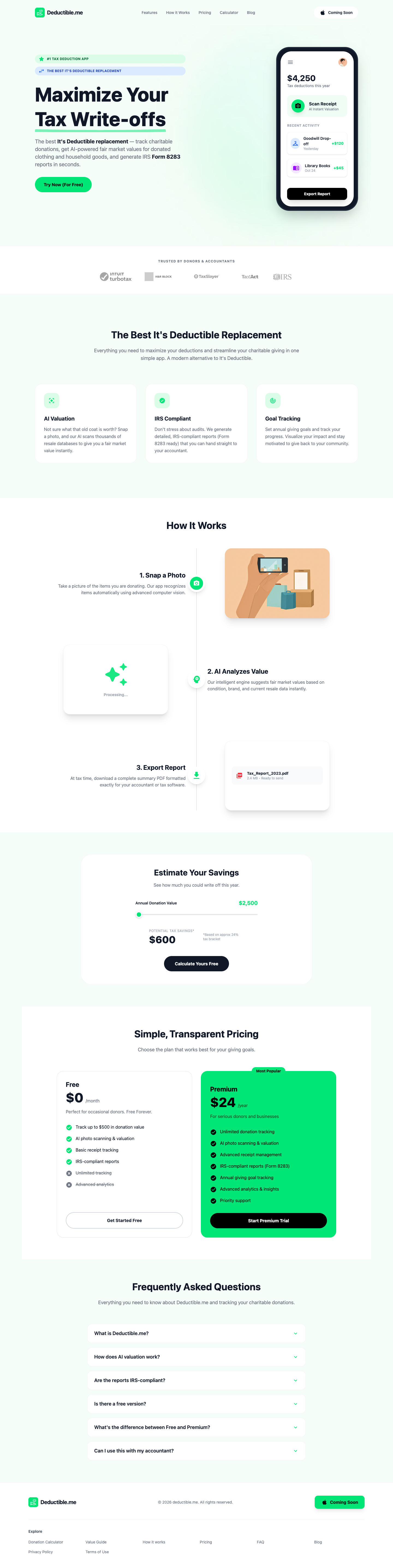 Deductible.me full landing page screenshot