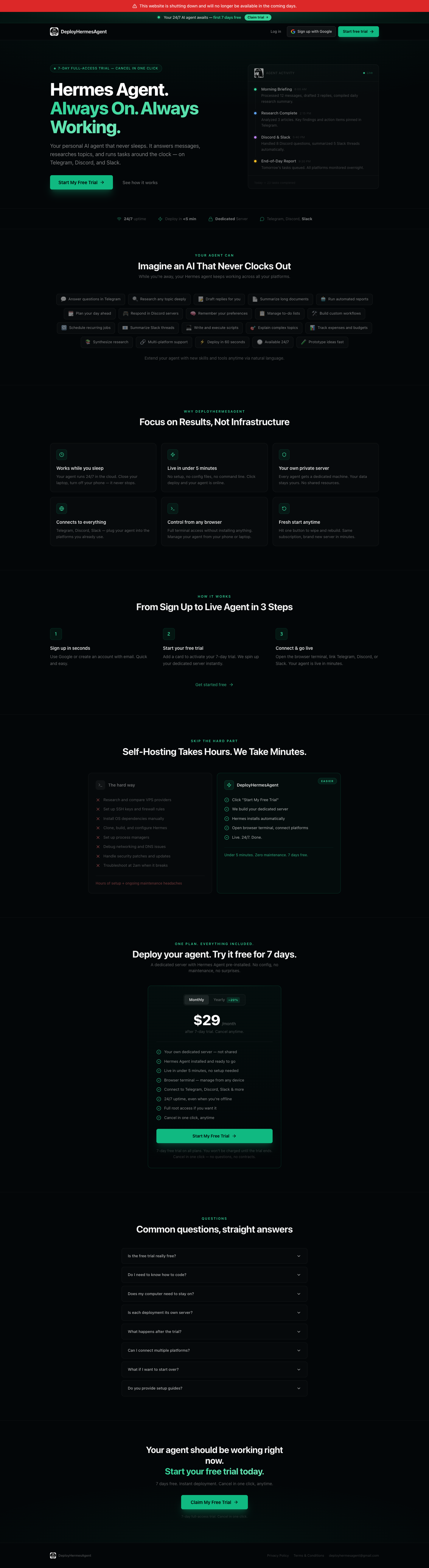 DeployHermesAgent full landing page screenshot