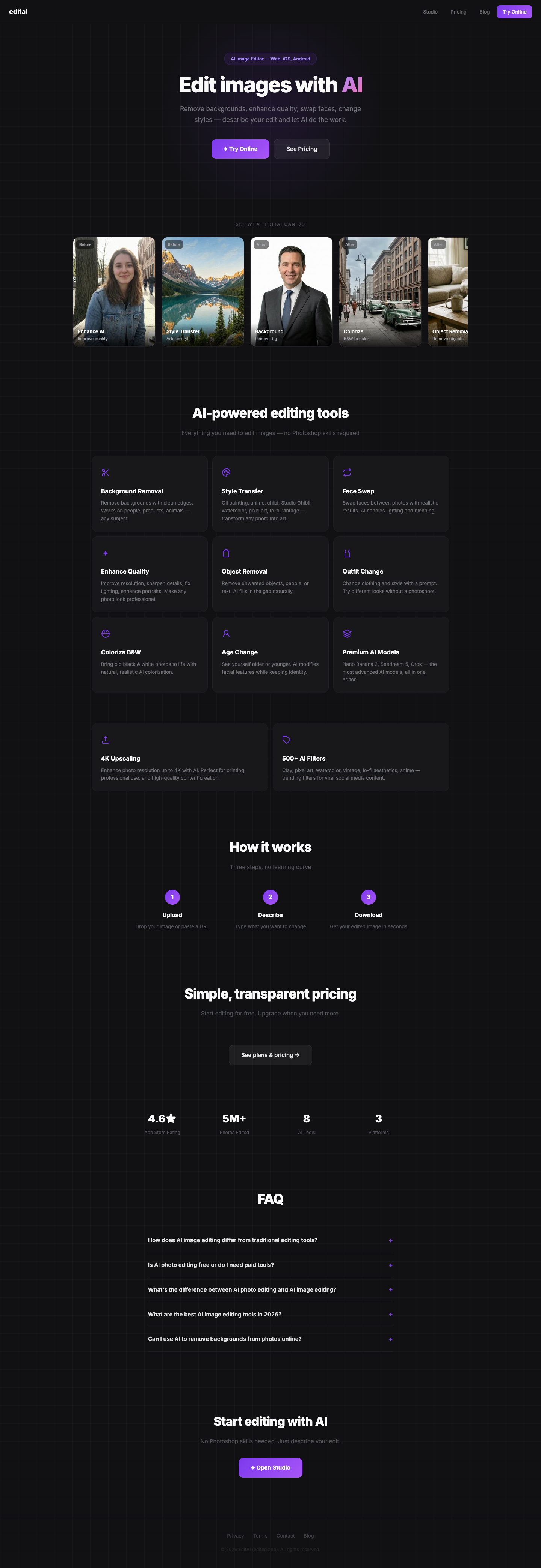 EditAI full landing page screenshot