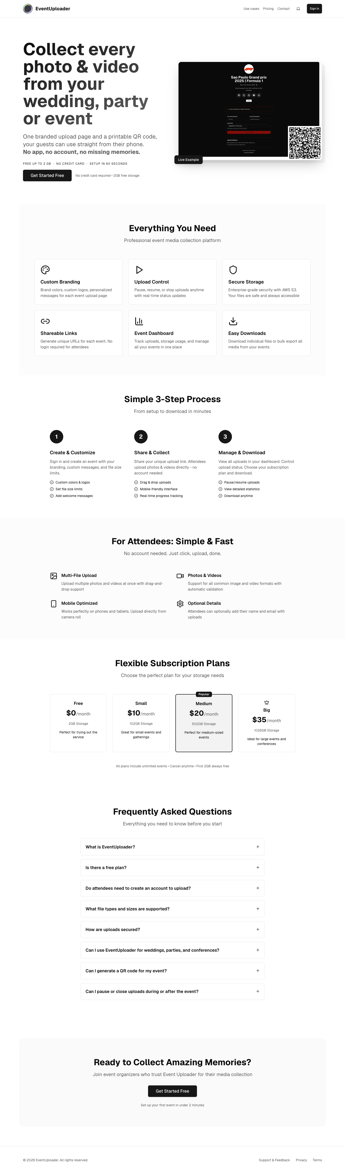 Event Uploader full landing page screenshot