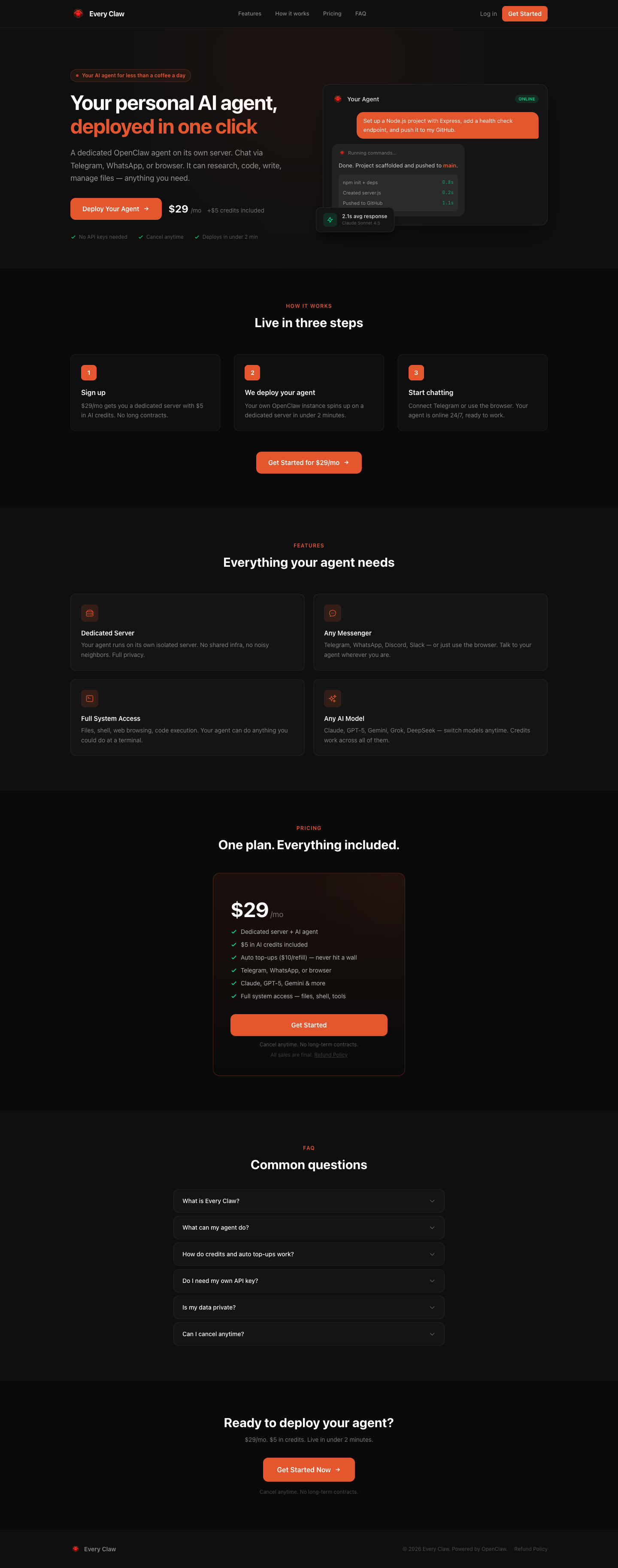 EveryClaw.ai full landing page screenshot