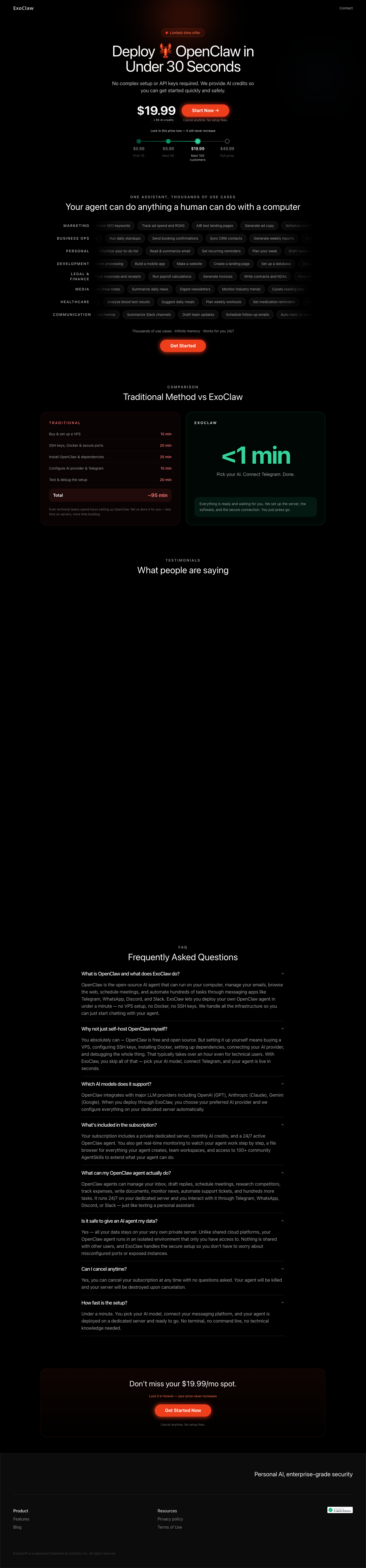 exoclaw full landing page screenshot