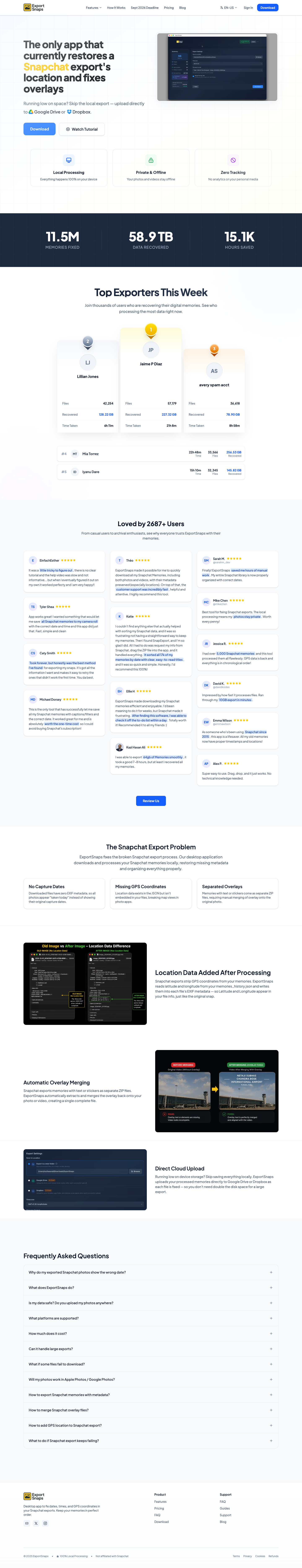 Export Snaps full landing page screenshot