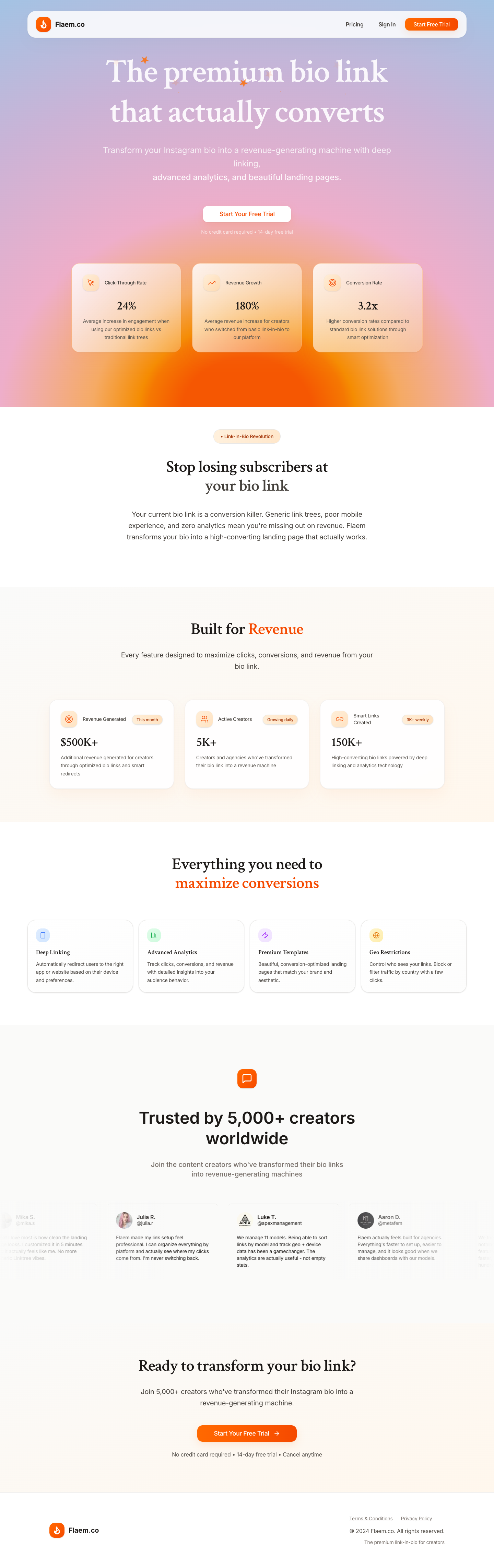 Flaem full landing page screenshot