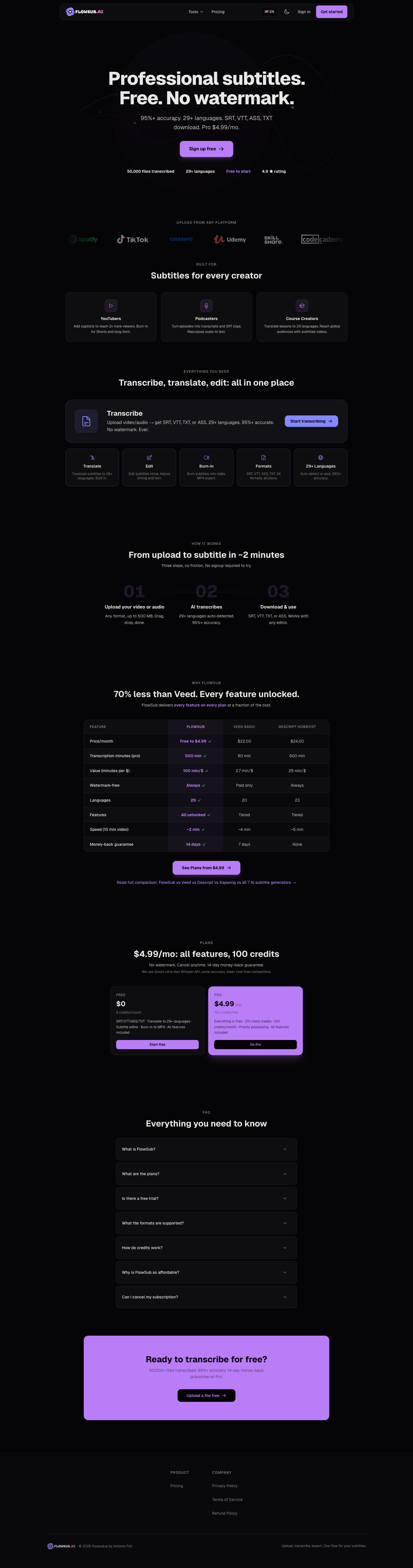 flowsub.ai full landing page screenshot