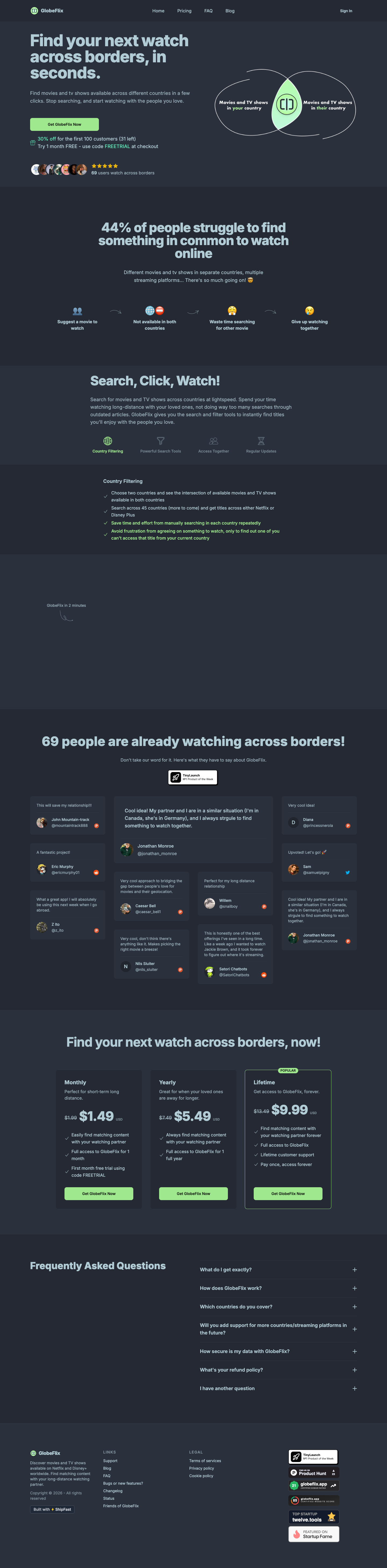 GlobeFlix full landing page screenshot