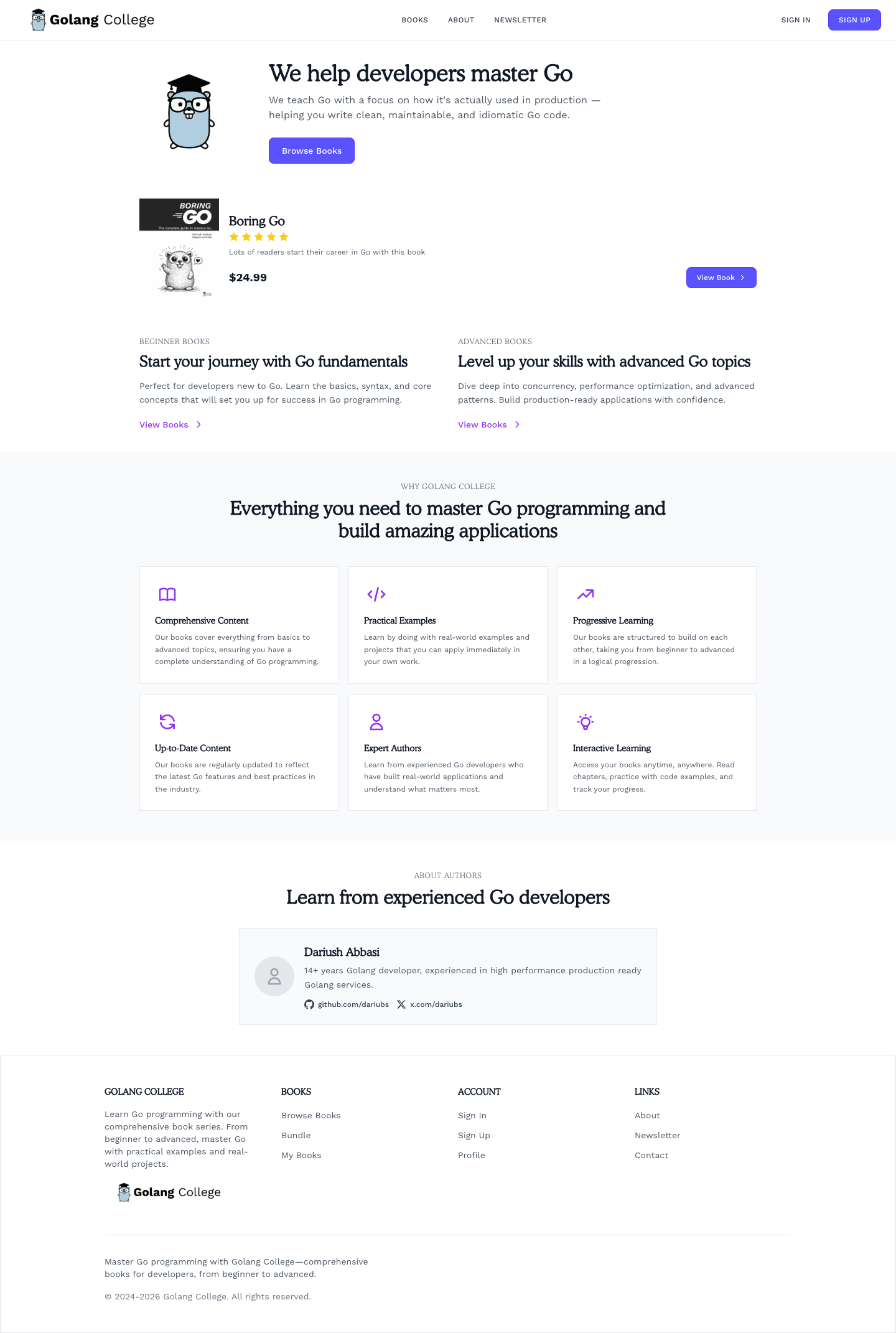 Golang College full landing page screenshot