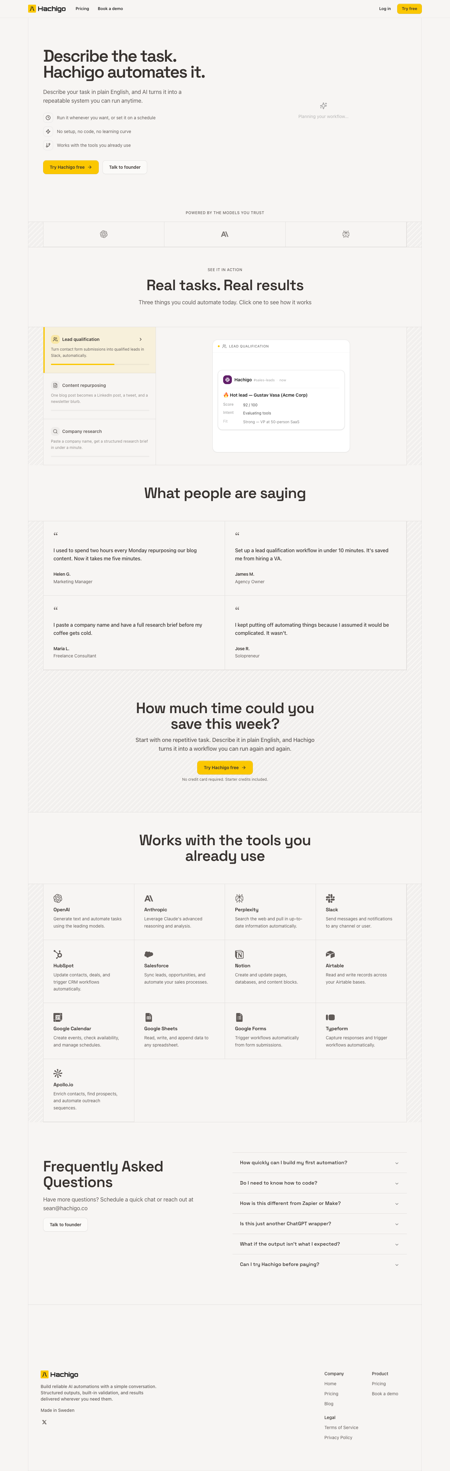 Hachigo full landing page screenshot
