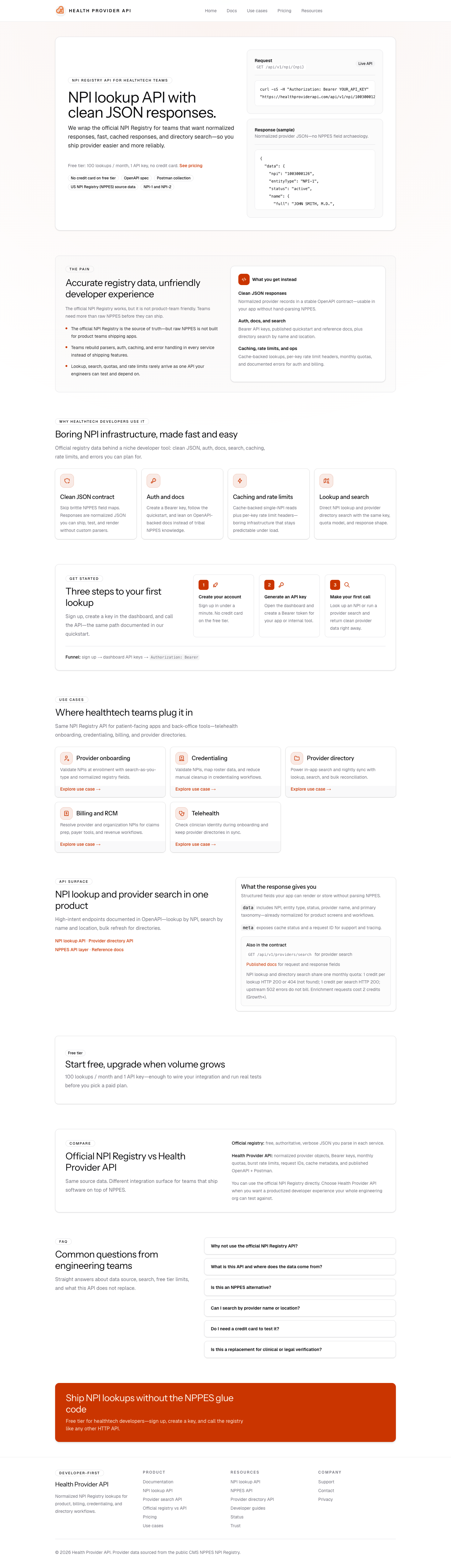 Health Provider API full landing page screenshot