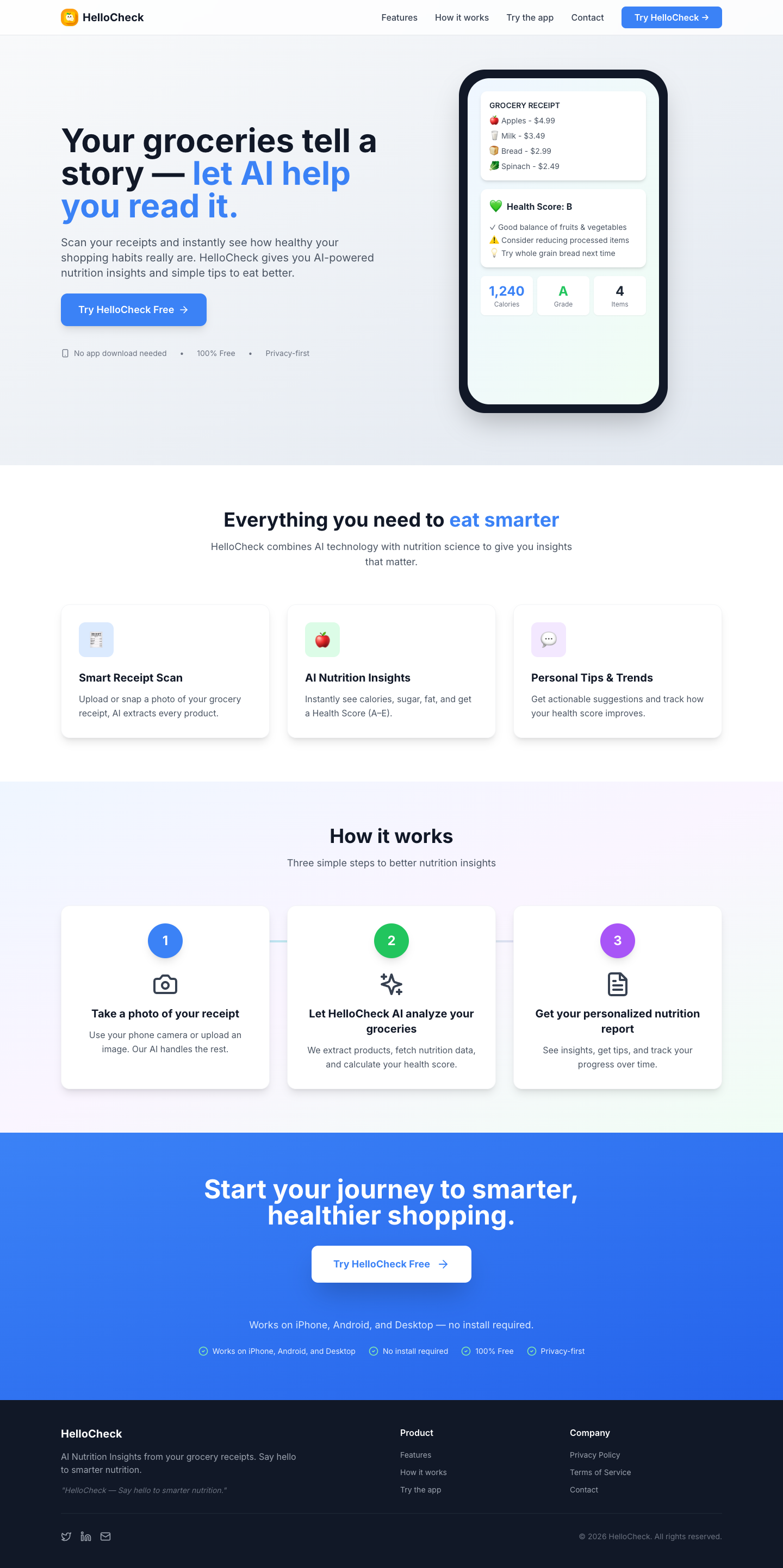 HelloCheck – AI Receipt Scanner full landing page screenshot