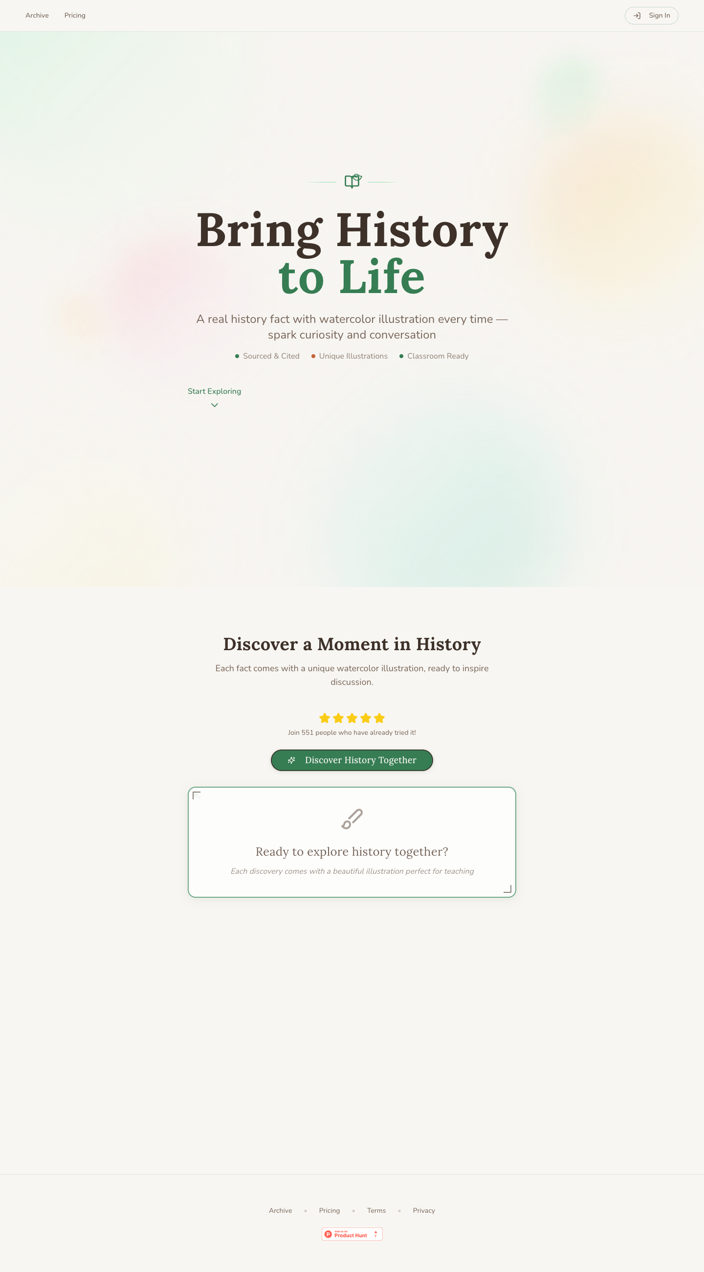HistoryFactGenerator.xyz full landing page screenshot