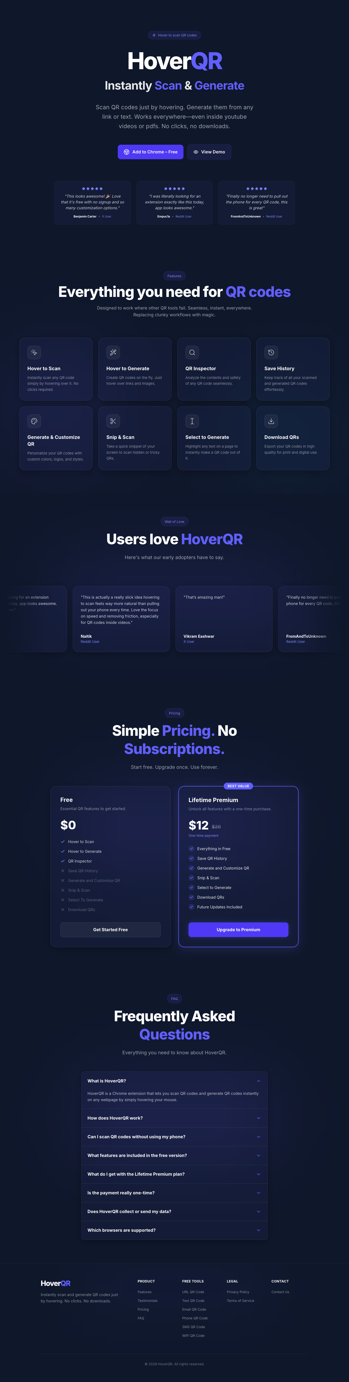 HoverQR full landing page screenshot